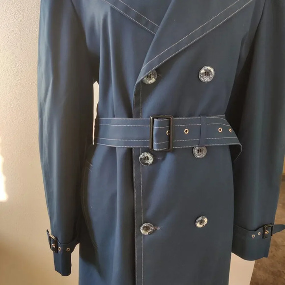 London Fog Navy Blue Trench Coat Utility Jacket Belted Size 14 Double Breasted - Picture 4 of 9